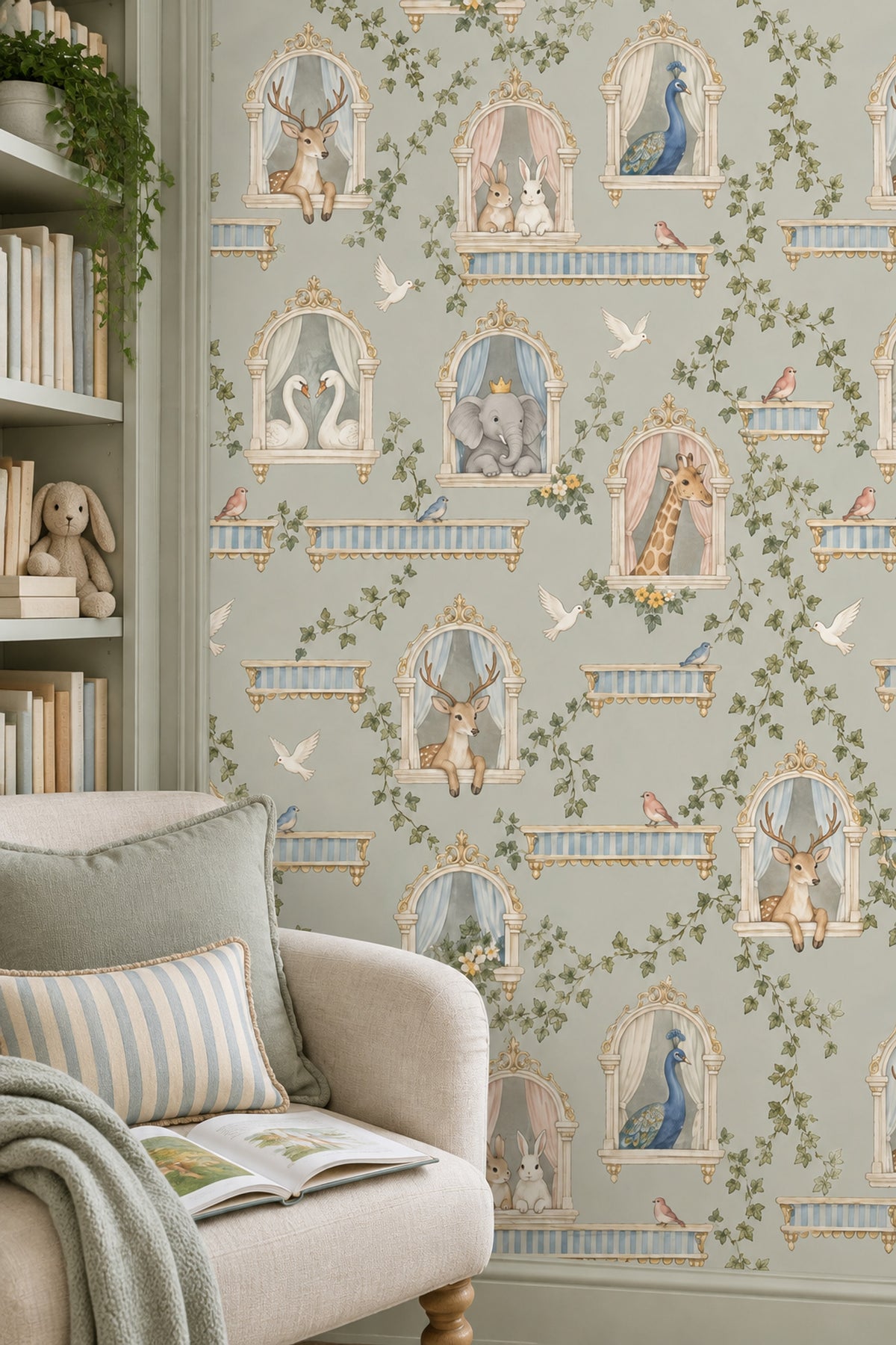 Fairy Tale Palace Animals Wallpaper Muted Green Watercolor
