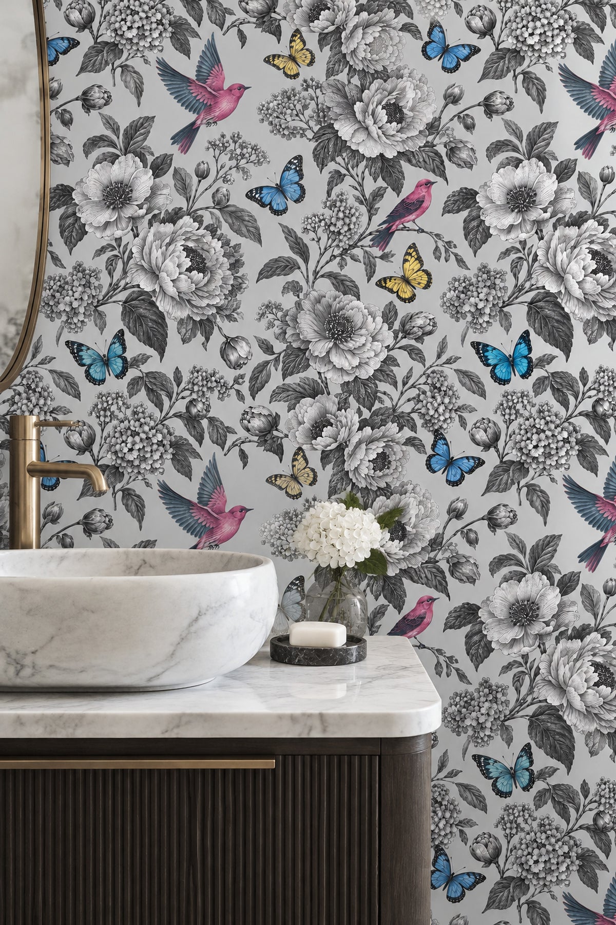 Vintage Flowers Birds And Butterflies Wallpaper Gray Botanical Illustration