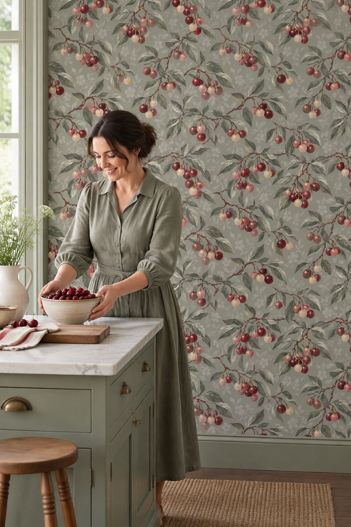 Cherry Branches Wallpaper Vintage Botanical Sage Gray