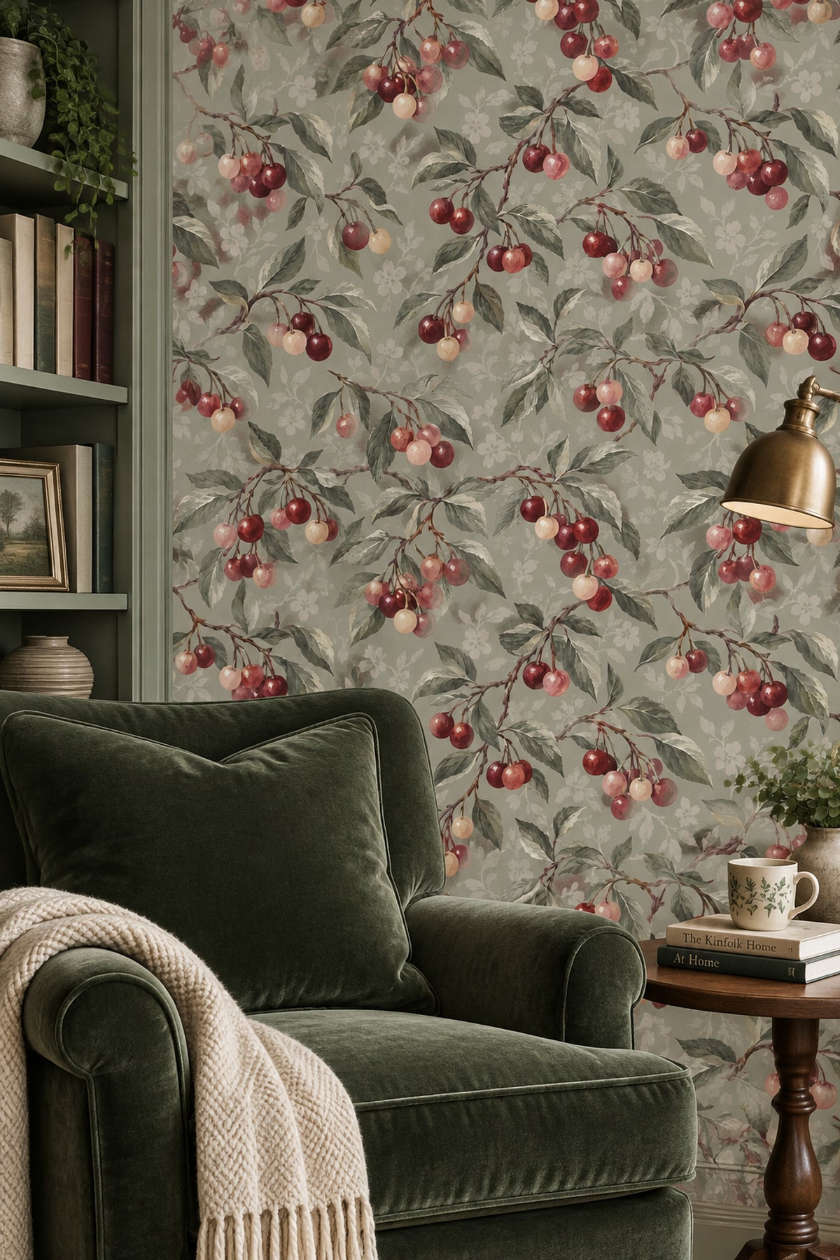 Cherry Branches Wallpaper Vintage Botanical Sage Gray
