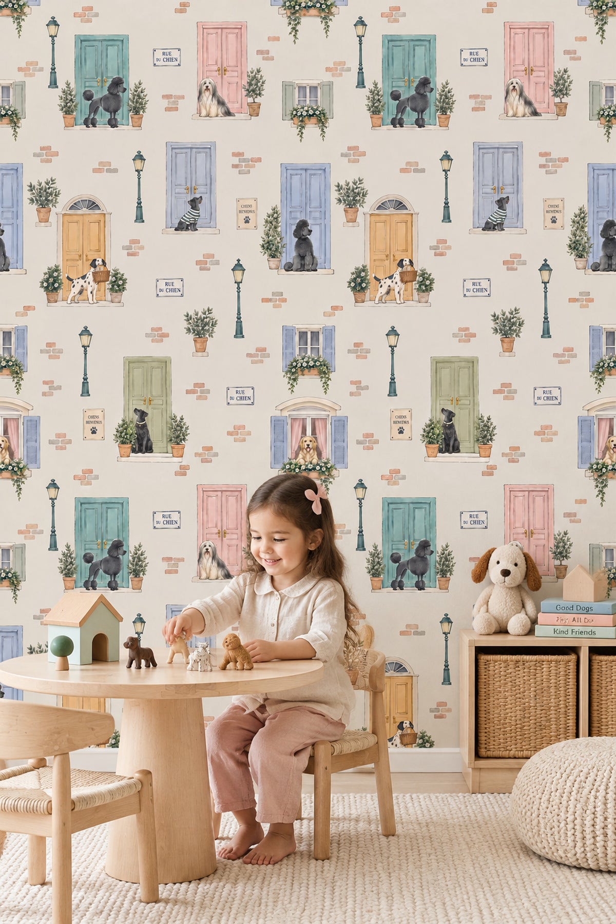 French Street Dogs Wallpaper Pastel Door Watercolor