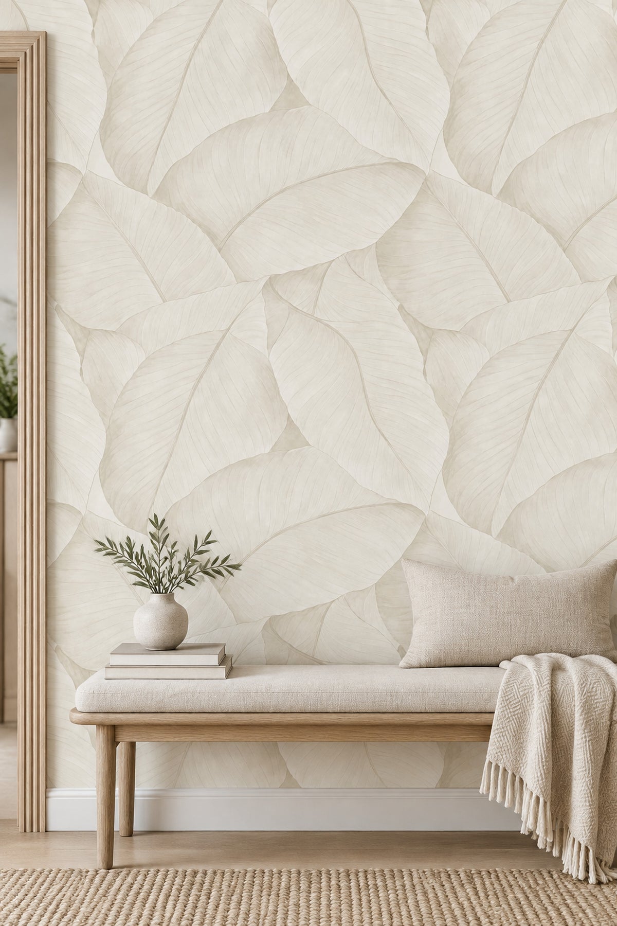 Layered Botanical Leaves Wallpaper Cream Ivory Neutrals
