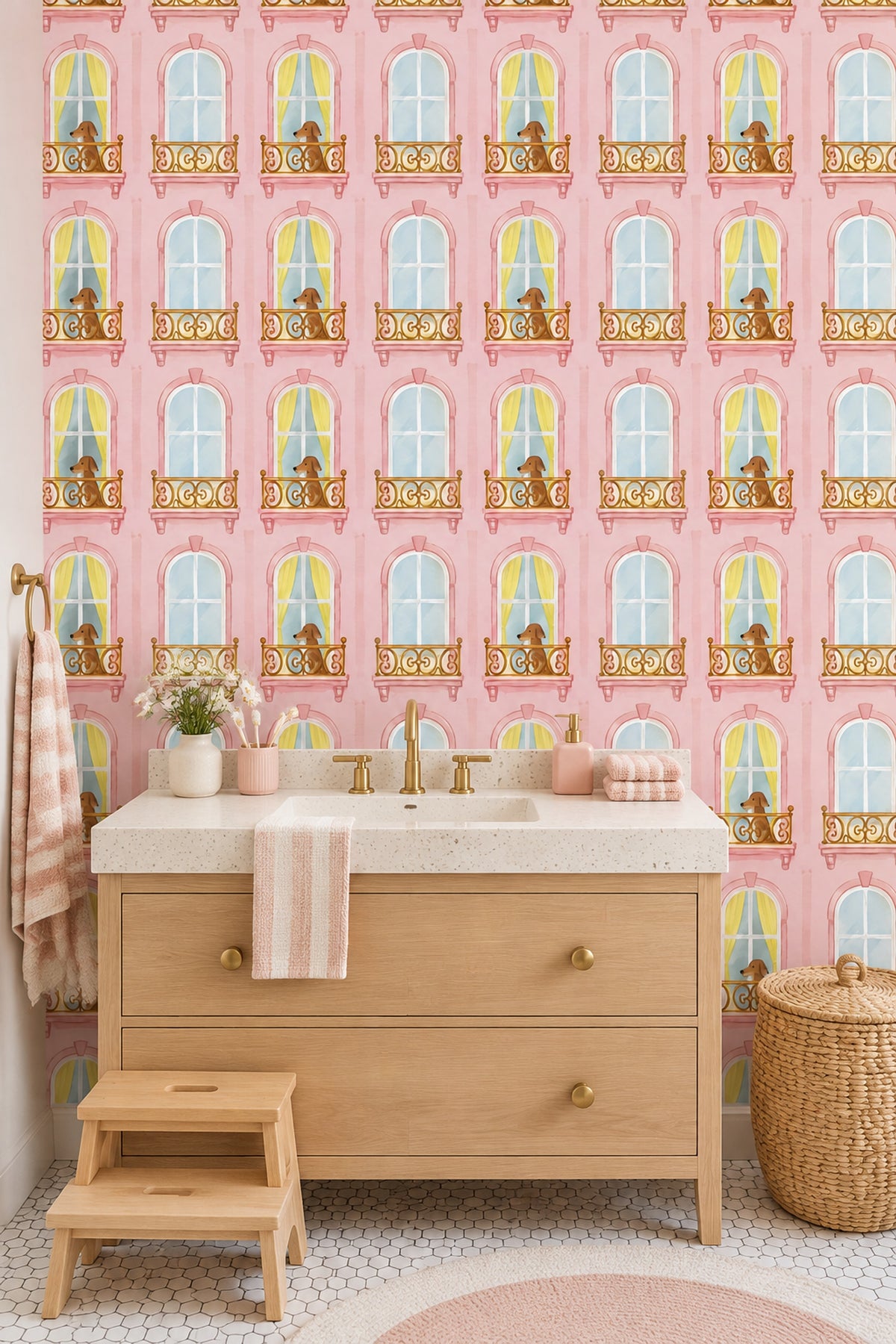 Dogs On Pink Parisian Balcony Wallpaper Pastel Watercolor