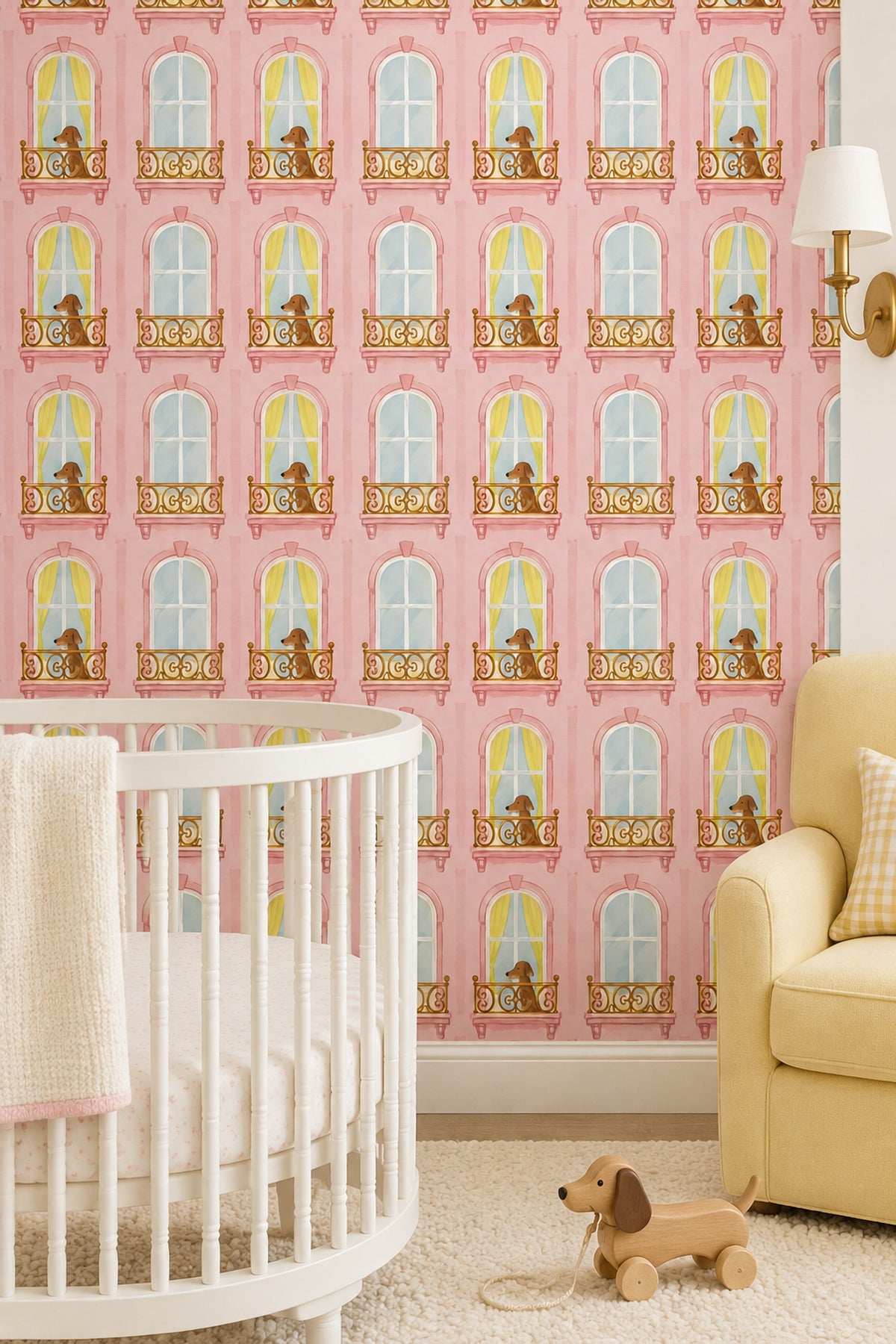 Dogs On Pink Parisian Balcony Wallpaper Pastel Watercolor