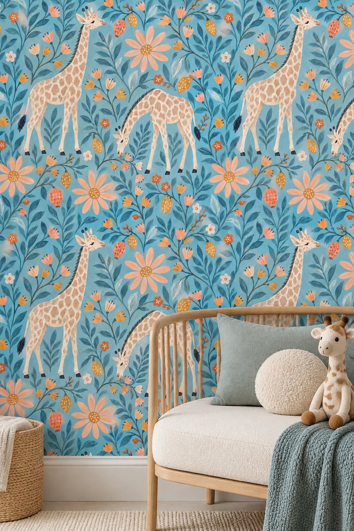 Whimsical Giraffe Floral Wallpaper Blue Background