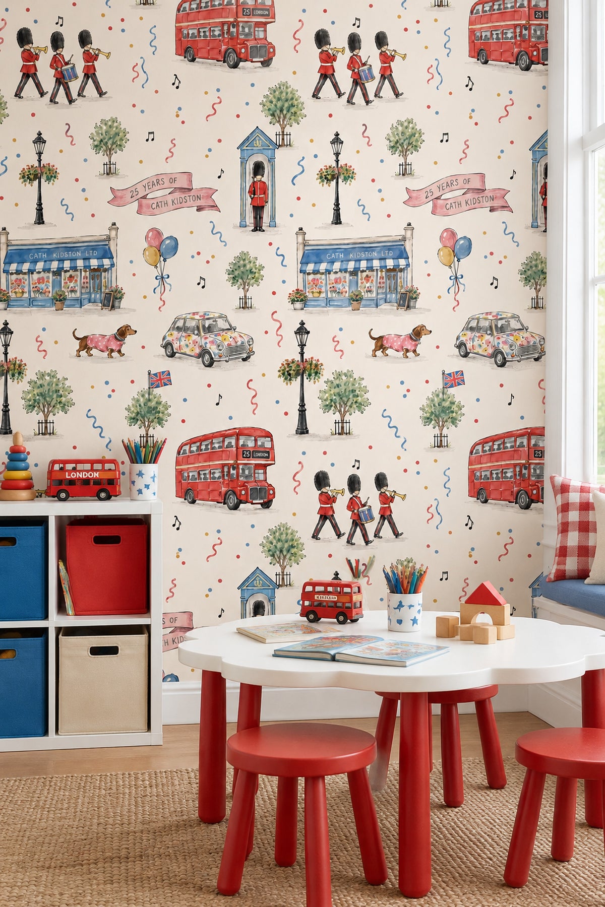 London Double Decker Bus Guards Wallpaper Watercolor Celebration