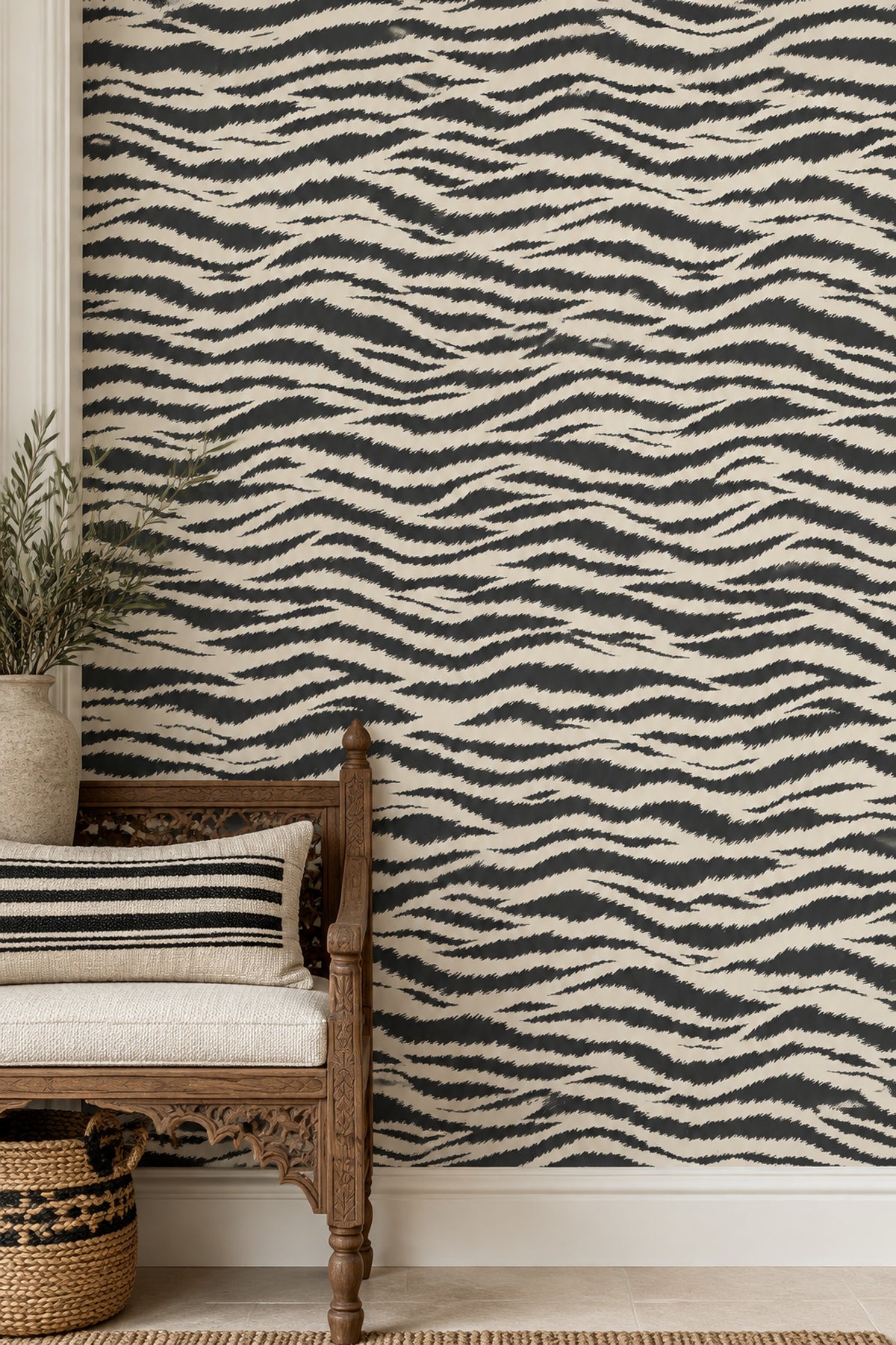 Zebra Print Wallpaper Black And Ivory Wavy Stripes