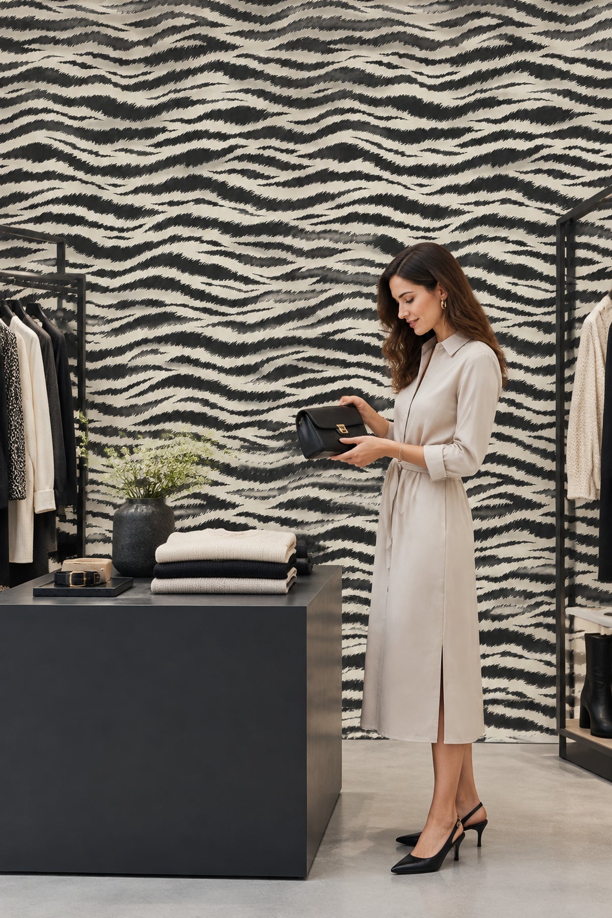 Zebra Print Wallpaper Black And Ivory Wavy Stripes
