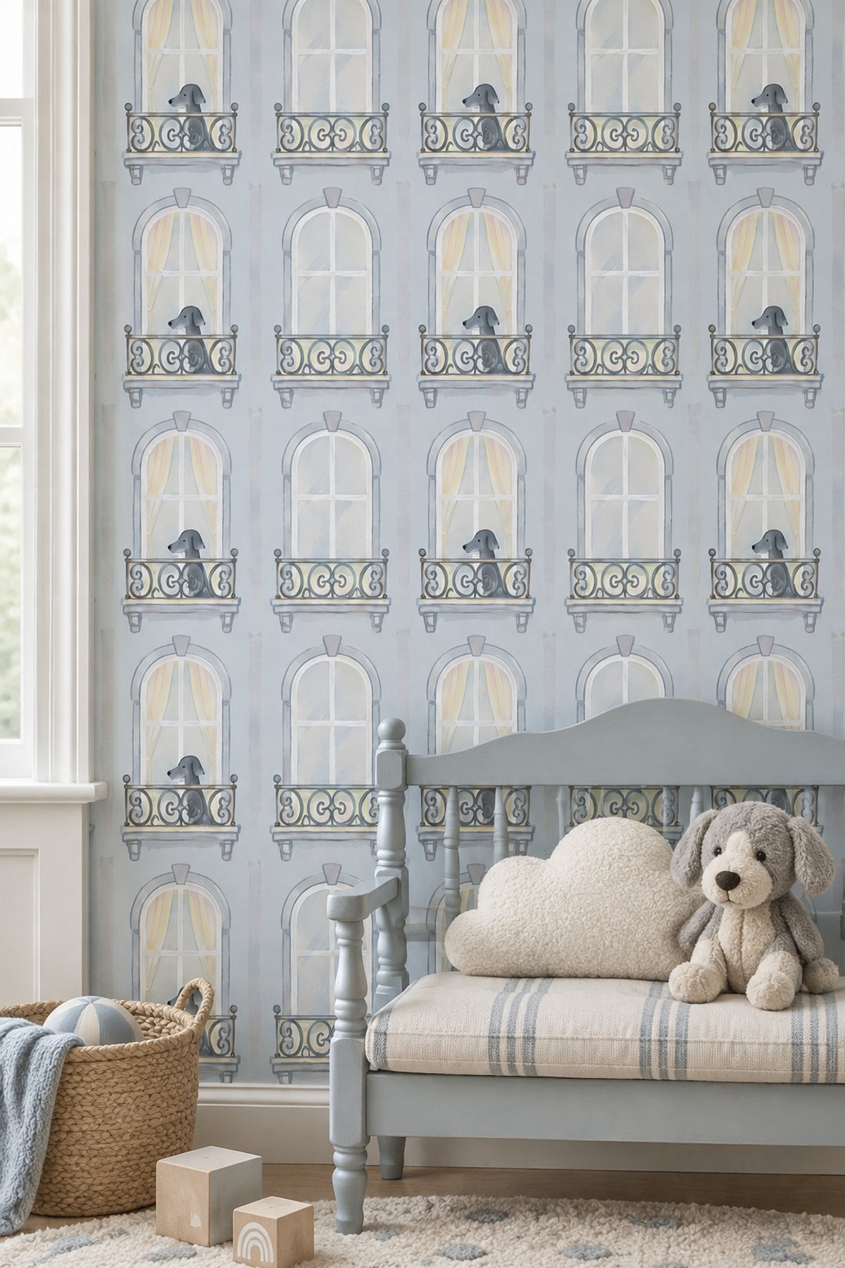Gray Dogs On Parisian Balconies Wallpaper Powder Blue Watercolor