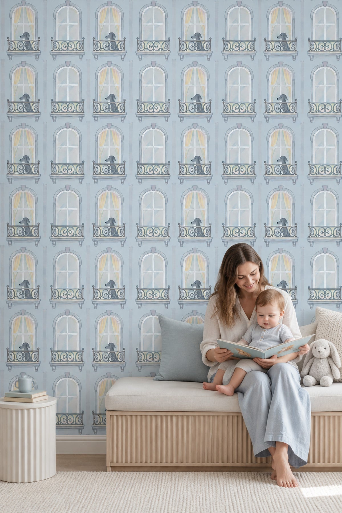Gray Dogs On Parisian Balconies Wallpaper Powder Blue Watercolor