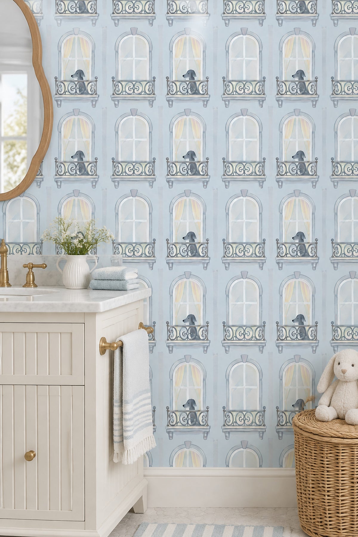Gray Dogs On Parisian Balconies Wallpaper Powder Blue Watercolor