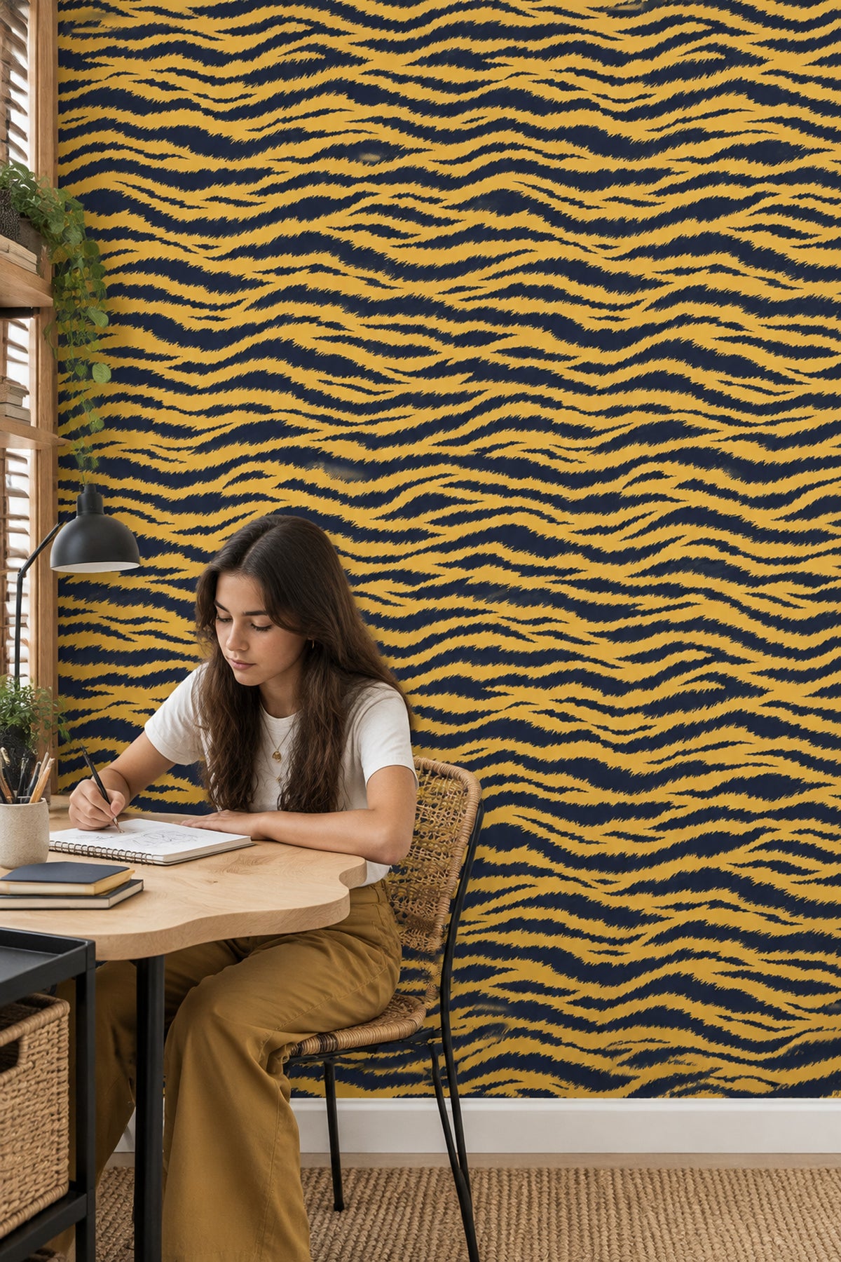 Tiger Stripe Wallpaper Yellow Gold And Navy Jagged Lines