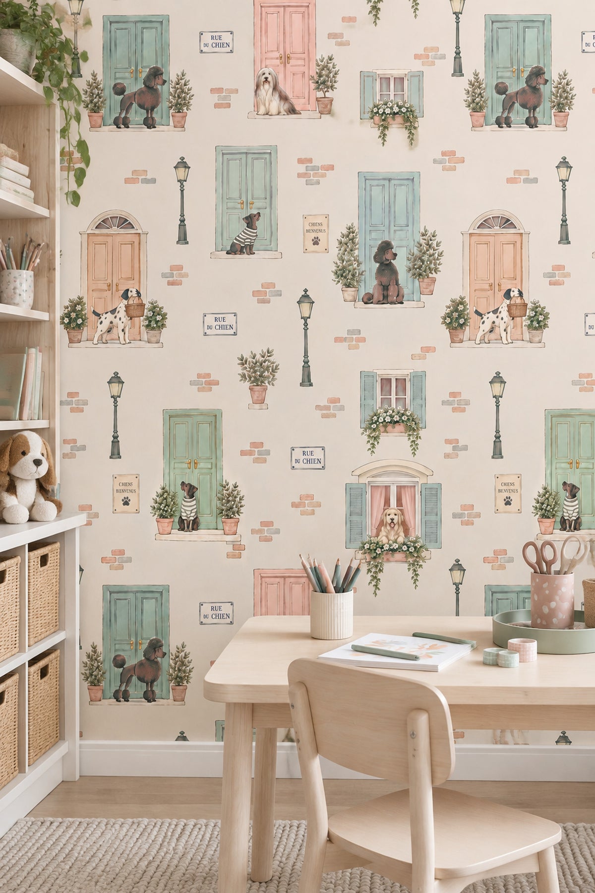 Dogs On A French Street Wallpaper Pastel Door Watercolor