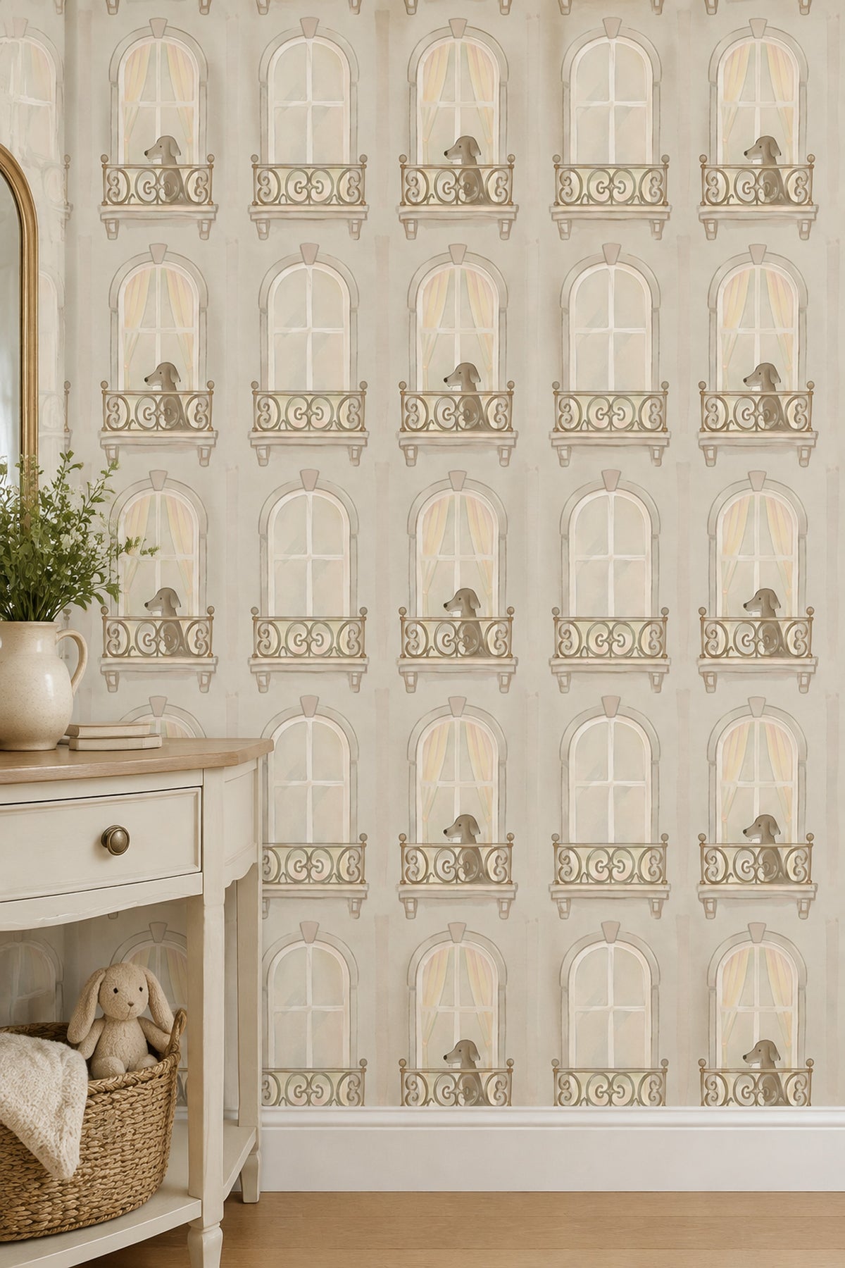 Arched Windows And Dogs Wallpaper Watercolor Beige