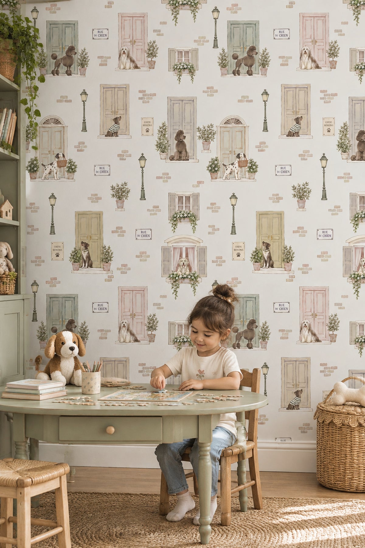 Dogs On A French Street Wallpaper Pastel Door Illustration