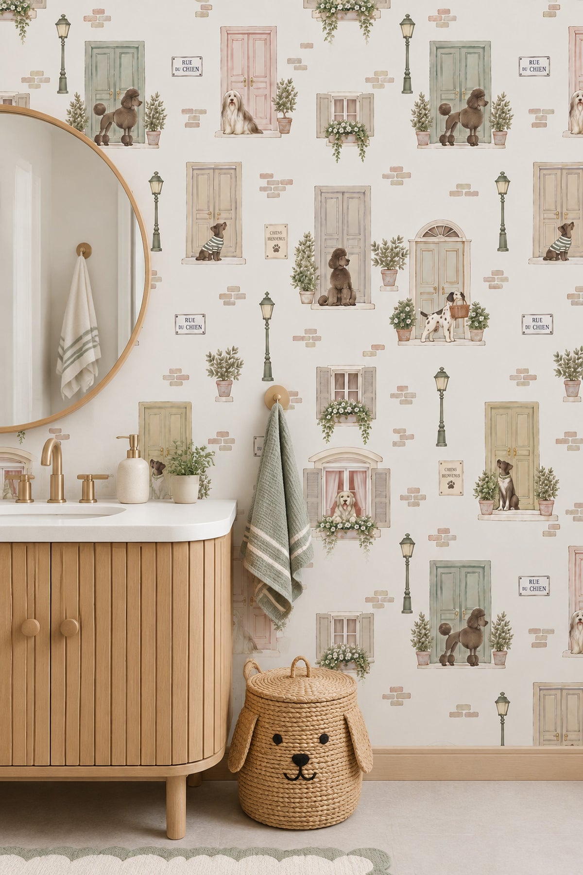 Dogs On A French Street Wallpaper Pastel Door Illustration