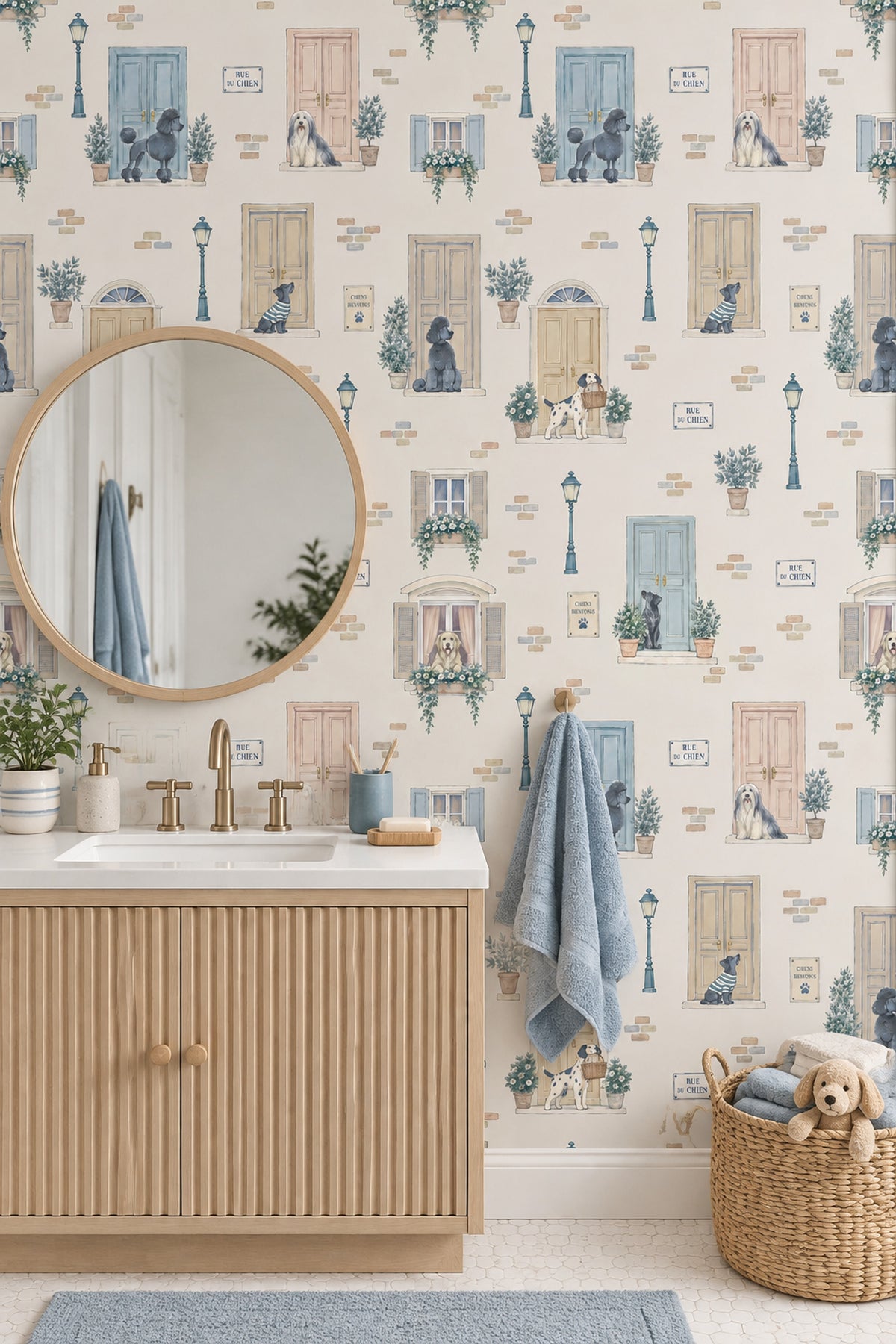 Dogs And Parisian Doors Wallpaper Pastel Watercolor Street Scene