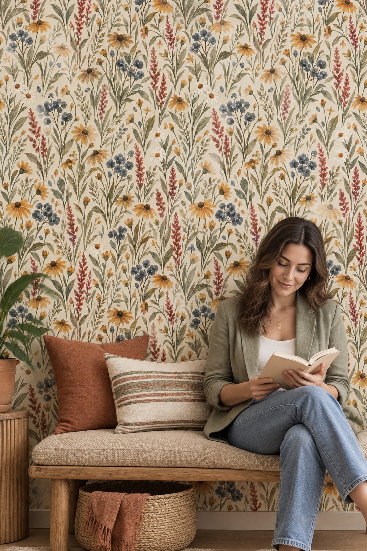 Watercolor Wildflowers Wallpaper Cream Background Botanical Meadow