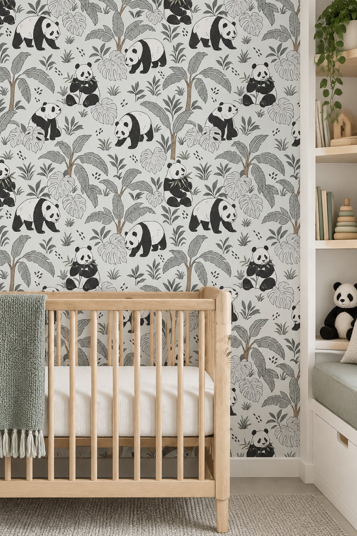 Panda Wallpaper Tropical Jungle Leaves In Soft Green