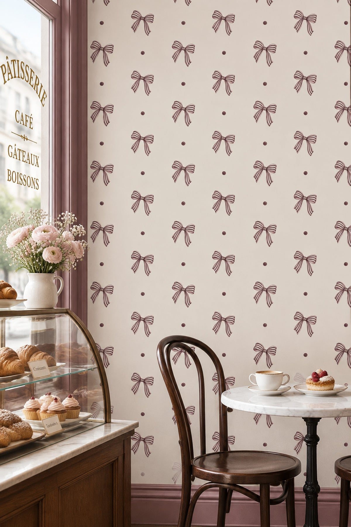 Striped Bows Wallpaper Mauve Ribbons On Ivory Background