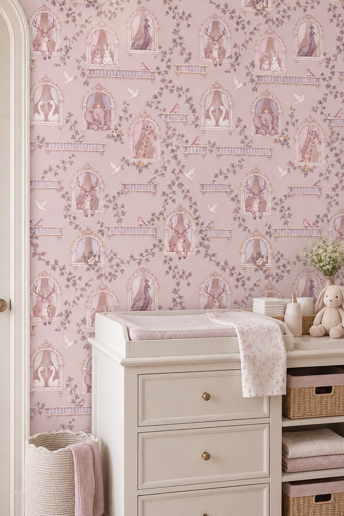 Ornate Window Storybook Animals Wallpaper Pastel Pink
