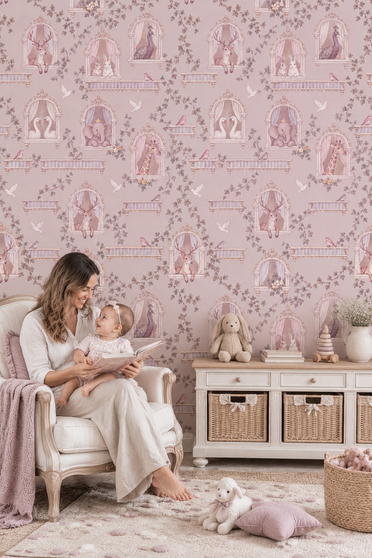 Ornate Window Storybook Animals Wallpaper Pastel Pink