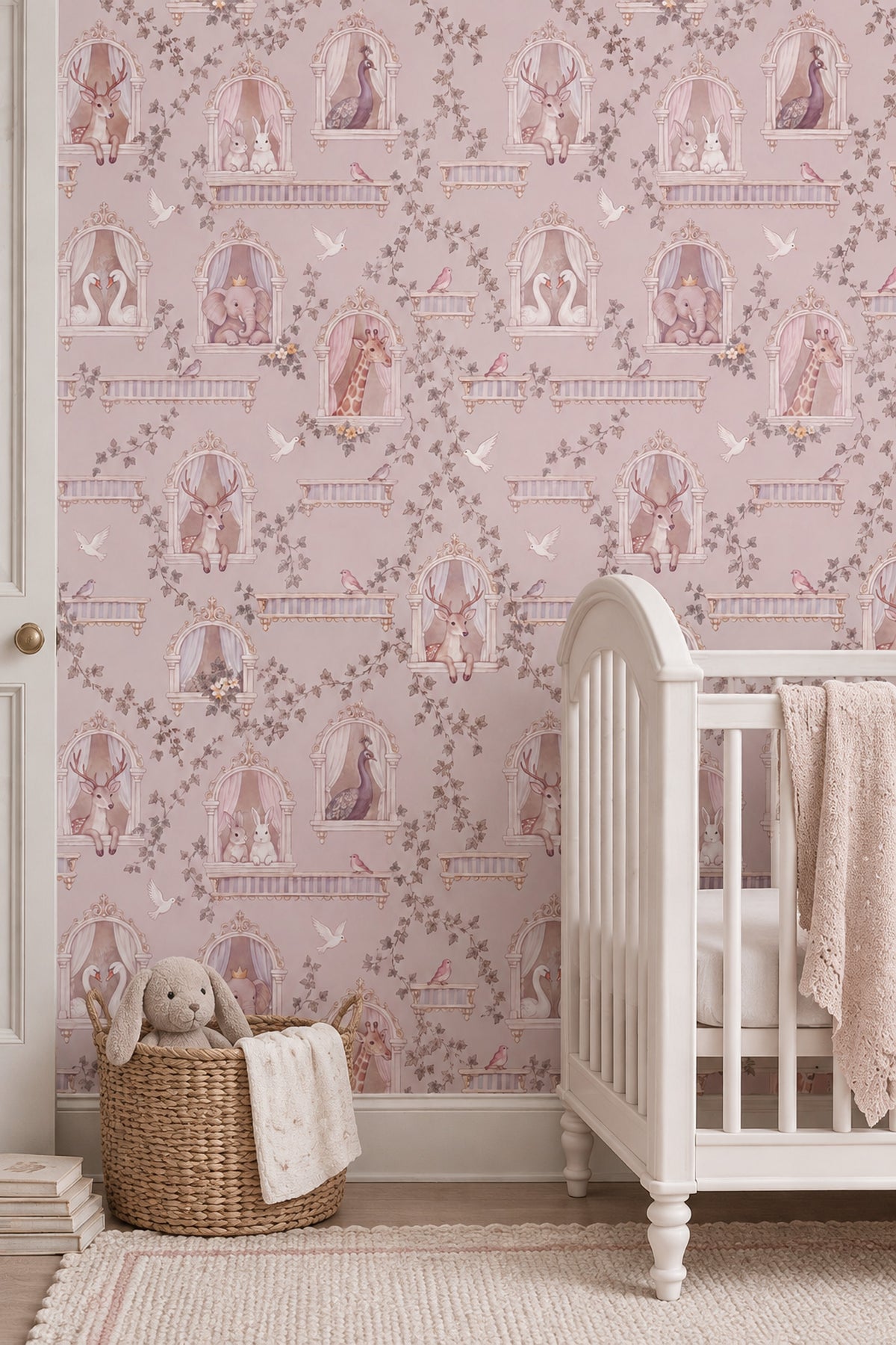Ornate Window Storybook Animals Wallpaper Pastel Pink