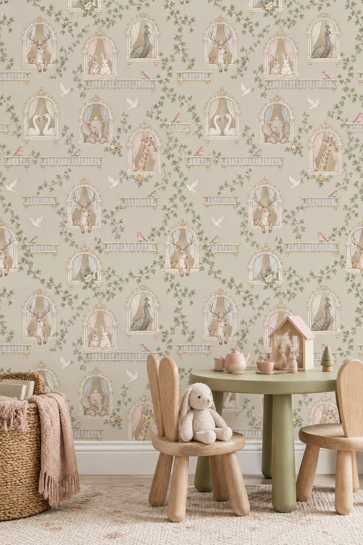 Whimsical Animals Ornate Windows Wallpaper Pastel Light Beige