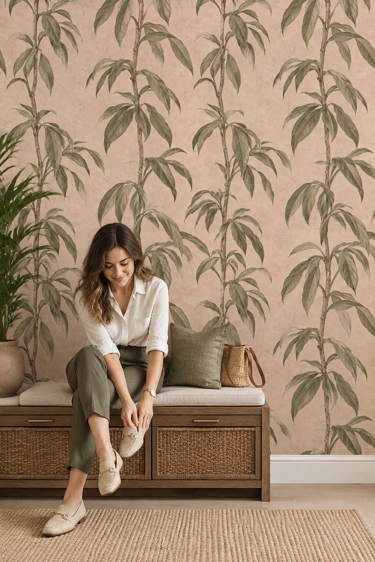 Bamboo Stems Wallpaper Sage Green Dusty Pink Botanical