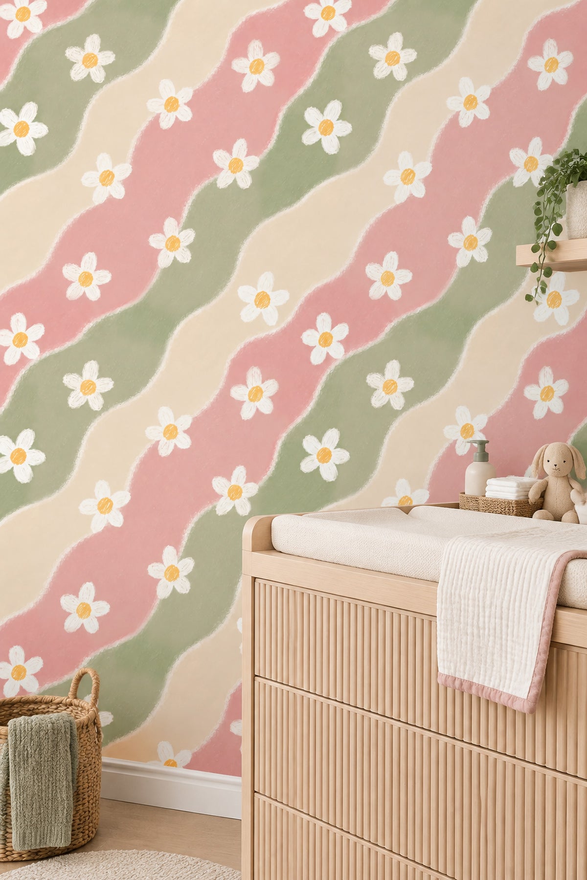 White Daisy Wallpaper Pastel Abstract Waves Pink Sage Green