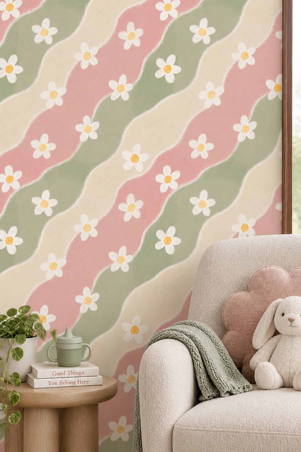 White Daisy Wallpaper Pastel Abstract Waves Pink Sage Green