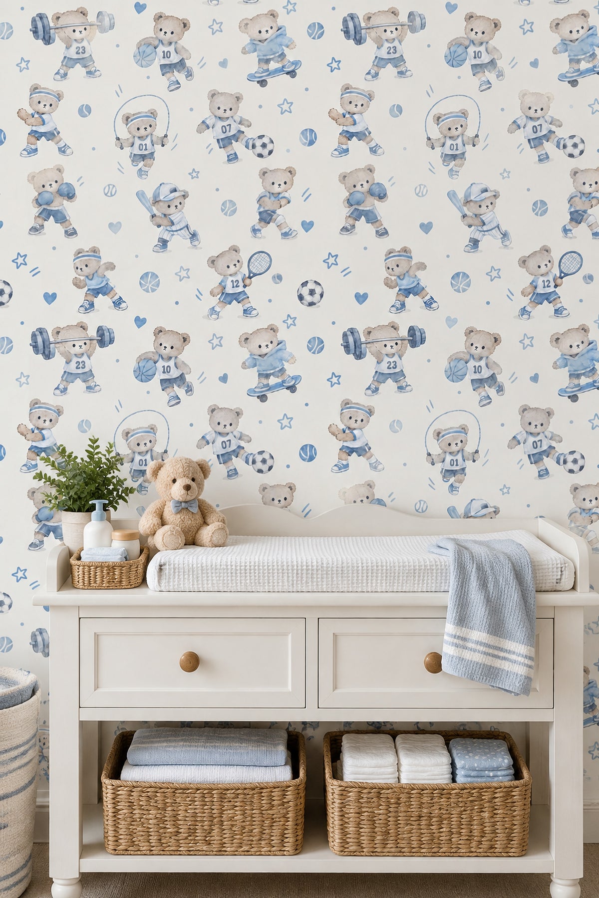 Sports Teddy Bears Wallpaper Pastel Blue Watercolor