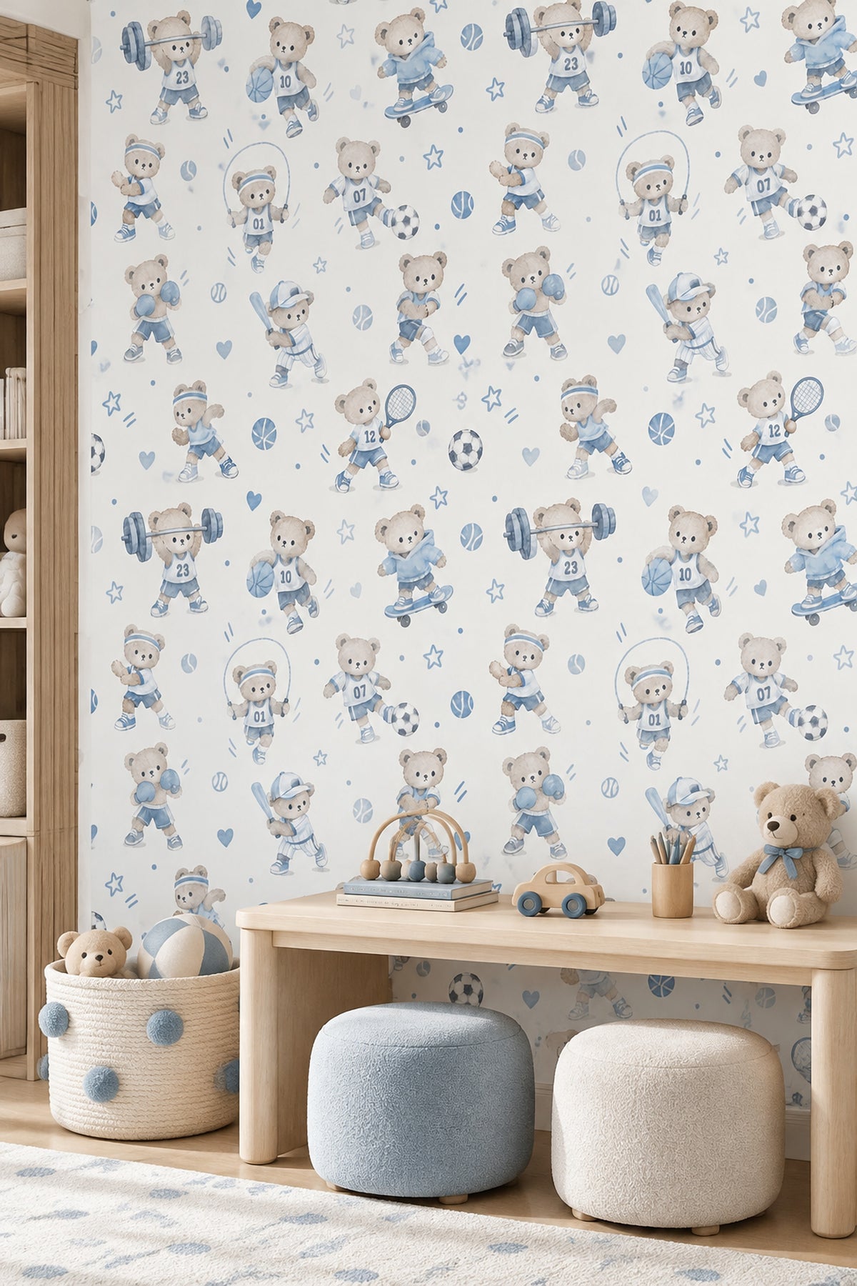 Sports Teddy Bears Wallpaper Pastel Blue Watercolor