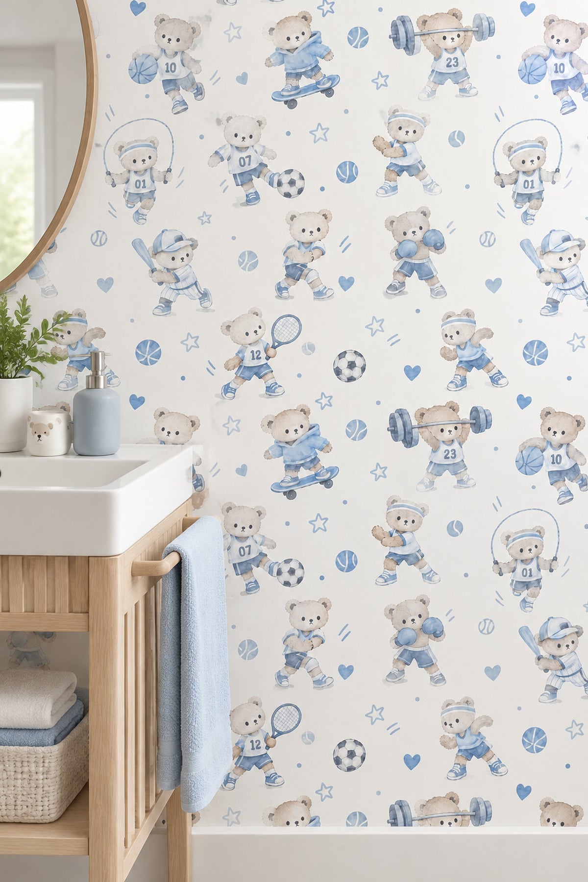Sports Teddy Bears Wallpaper Pastel Blue Watercolor