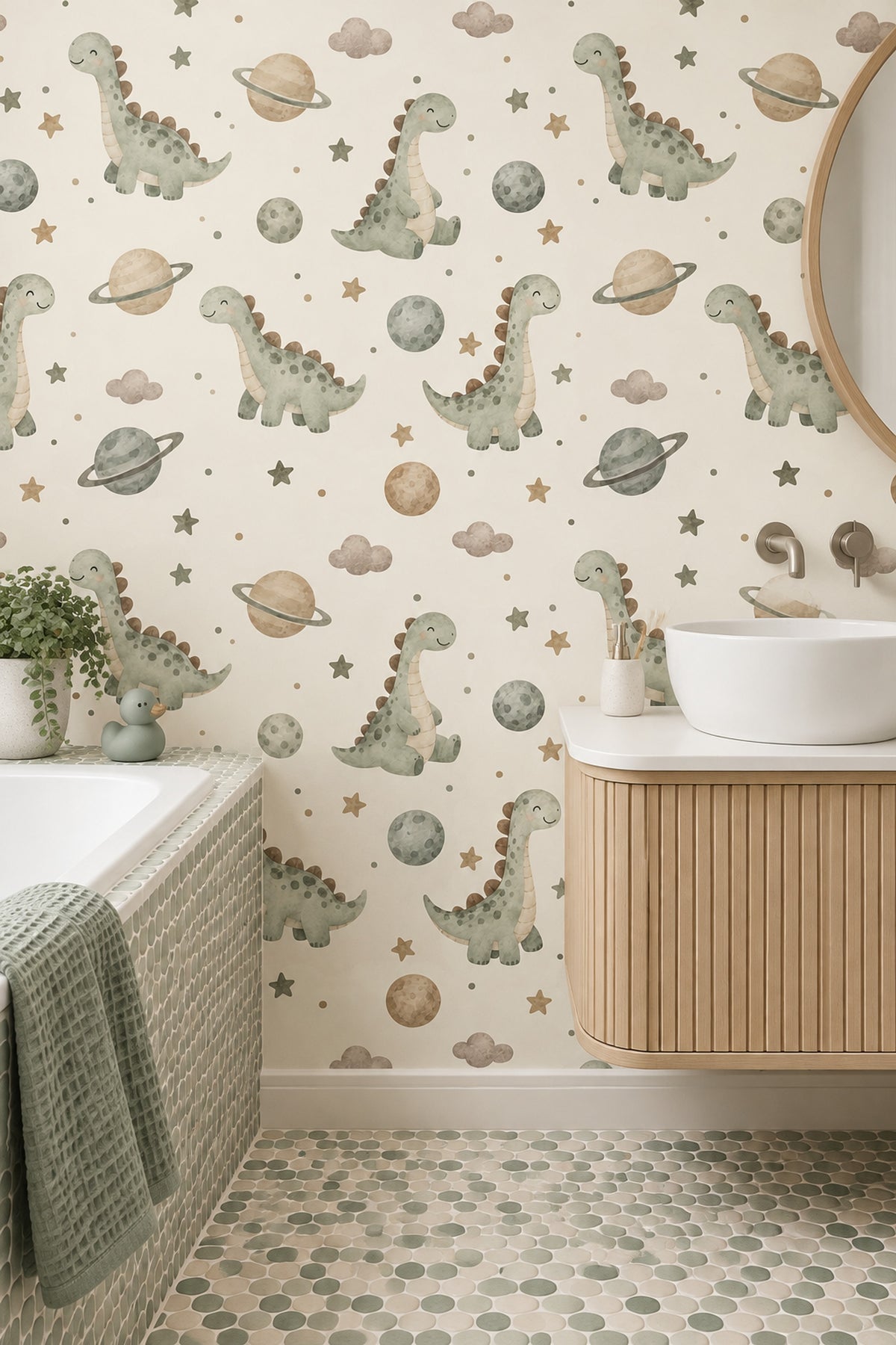 Cute Dinosaurs And Planets Wallpaper Pastel Cream Watercolor