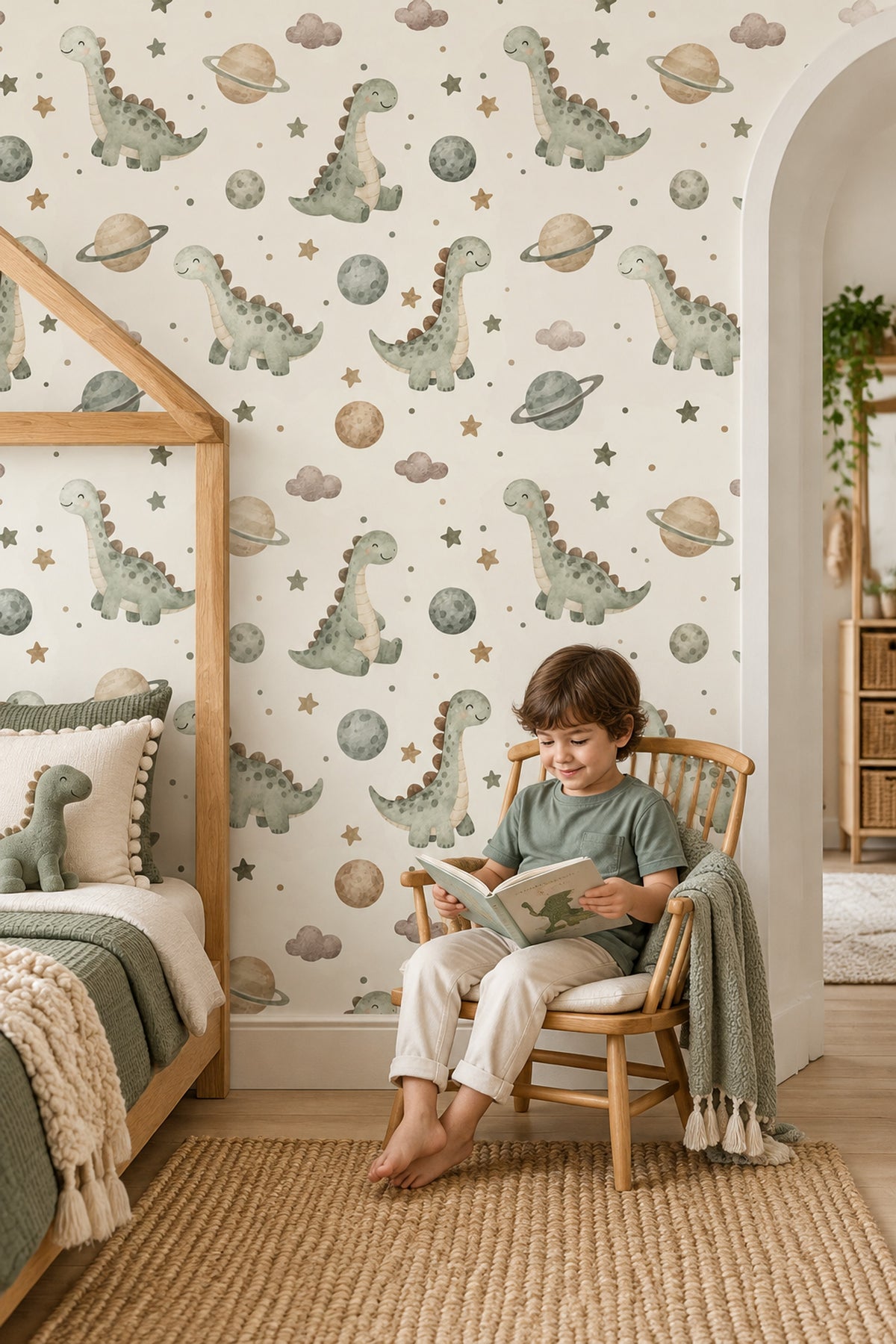 Cute Dinosaurs And Planets Wallpaper Pastel Cream Watercolor
