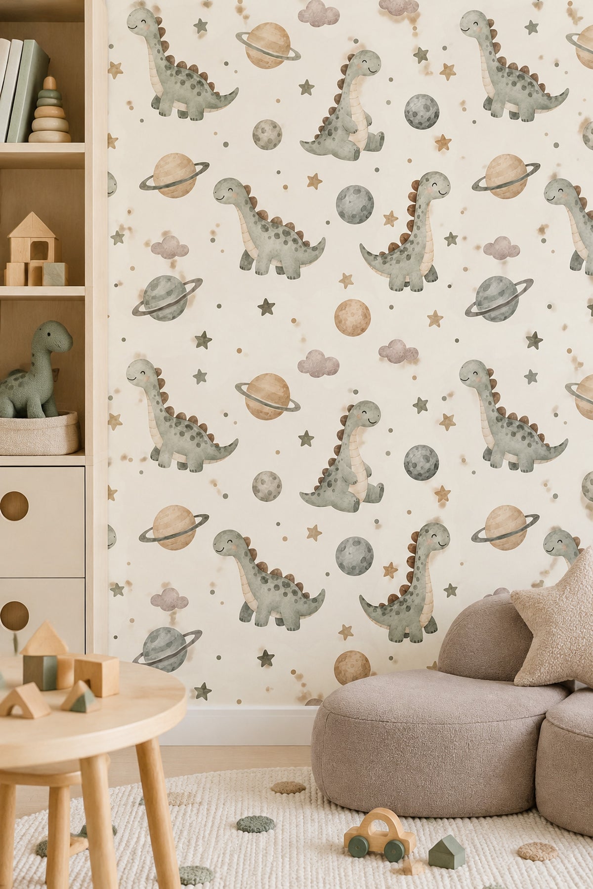 Cute Dinosaurs And Planets Wallpaper Pastel Cream Watercolor
