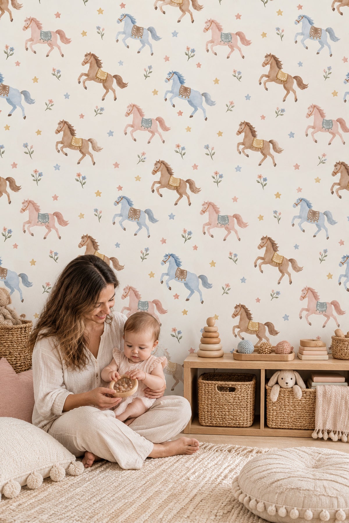 Running Horses Wallpaper Pastel Stars And Flowers On Cream
