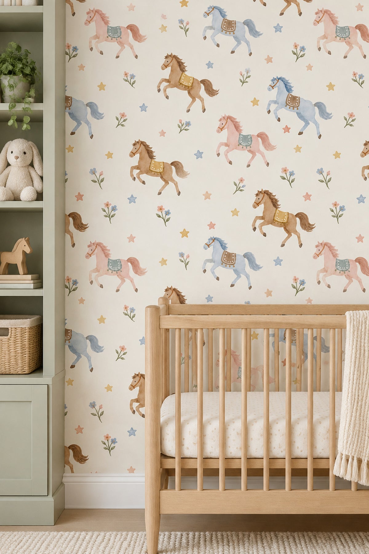 Running Horses Wallpaper Pastel Stars And Flowers On Cream