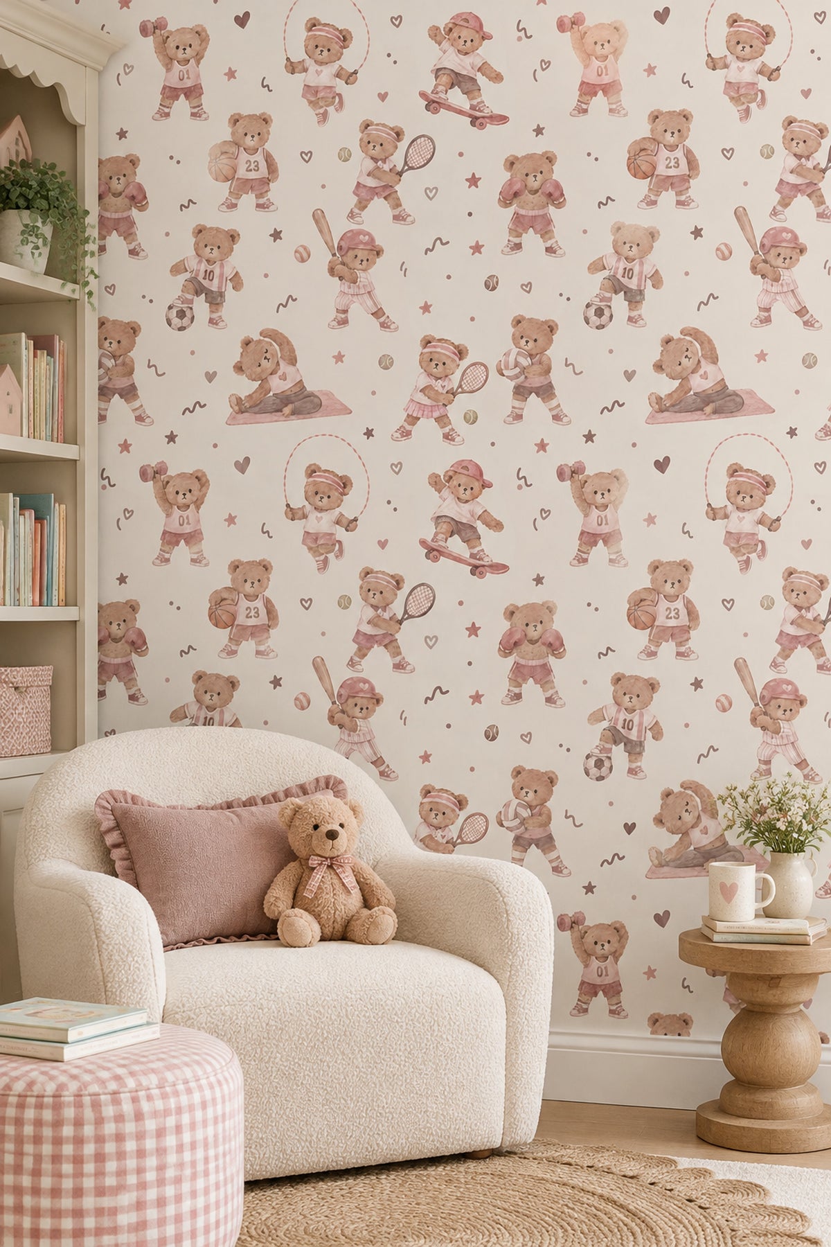 Sporty Teddy Bears Wallpaper Watercolor Pastel Pink