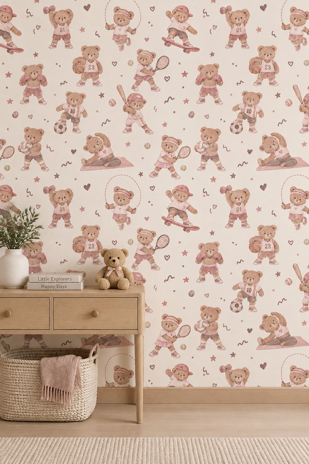 Sporty Teddy Bears Wallpaper Watercolor Pastel Pink