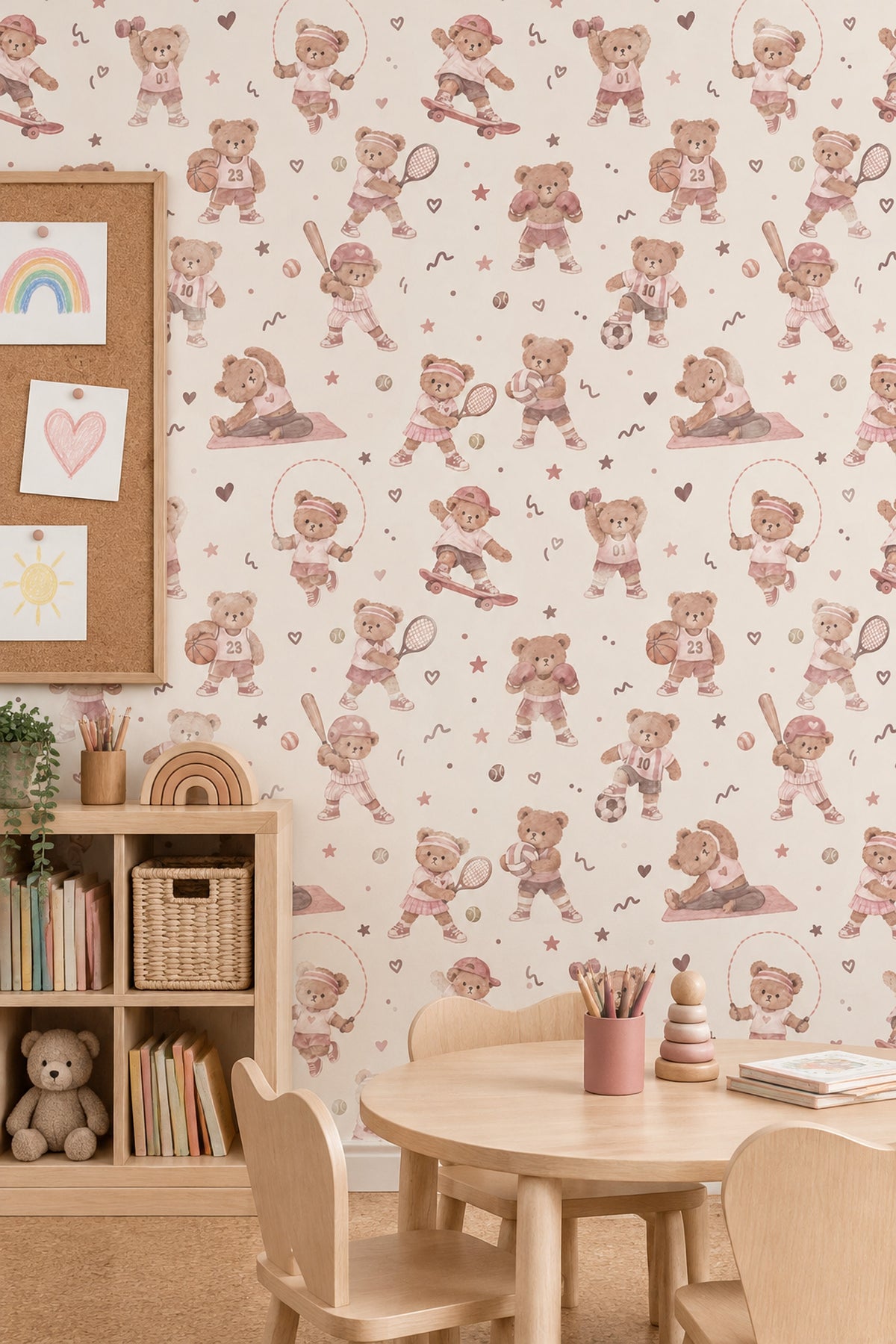 Sporty Teddy Bears Wallpaper Watercolor Pastel Pink
