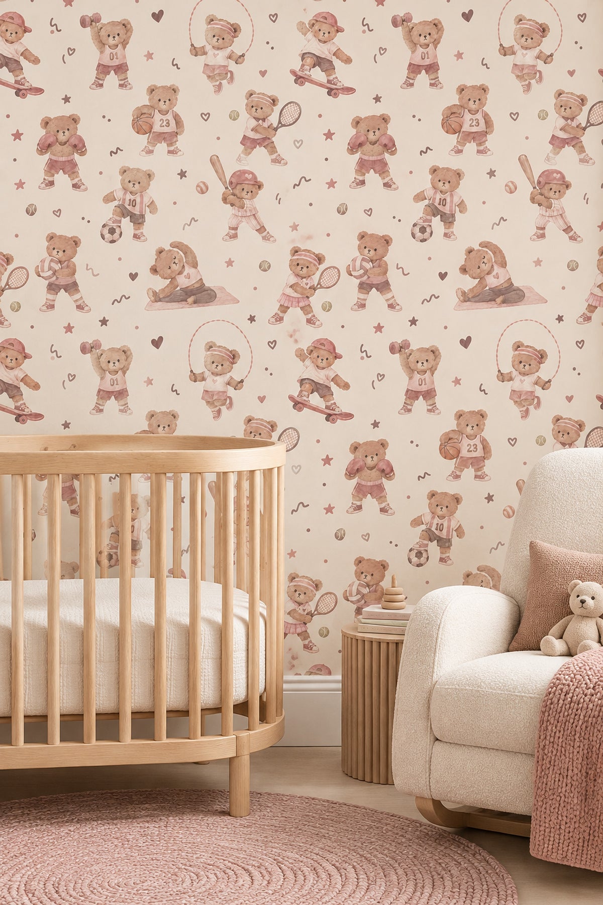 Sporty Teddy Bears Wallpaper Watercolor Pastel Pink