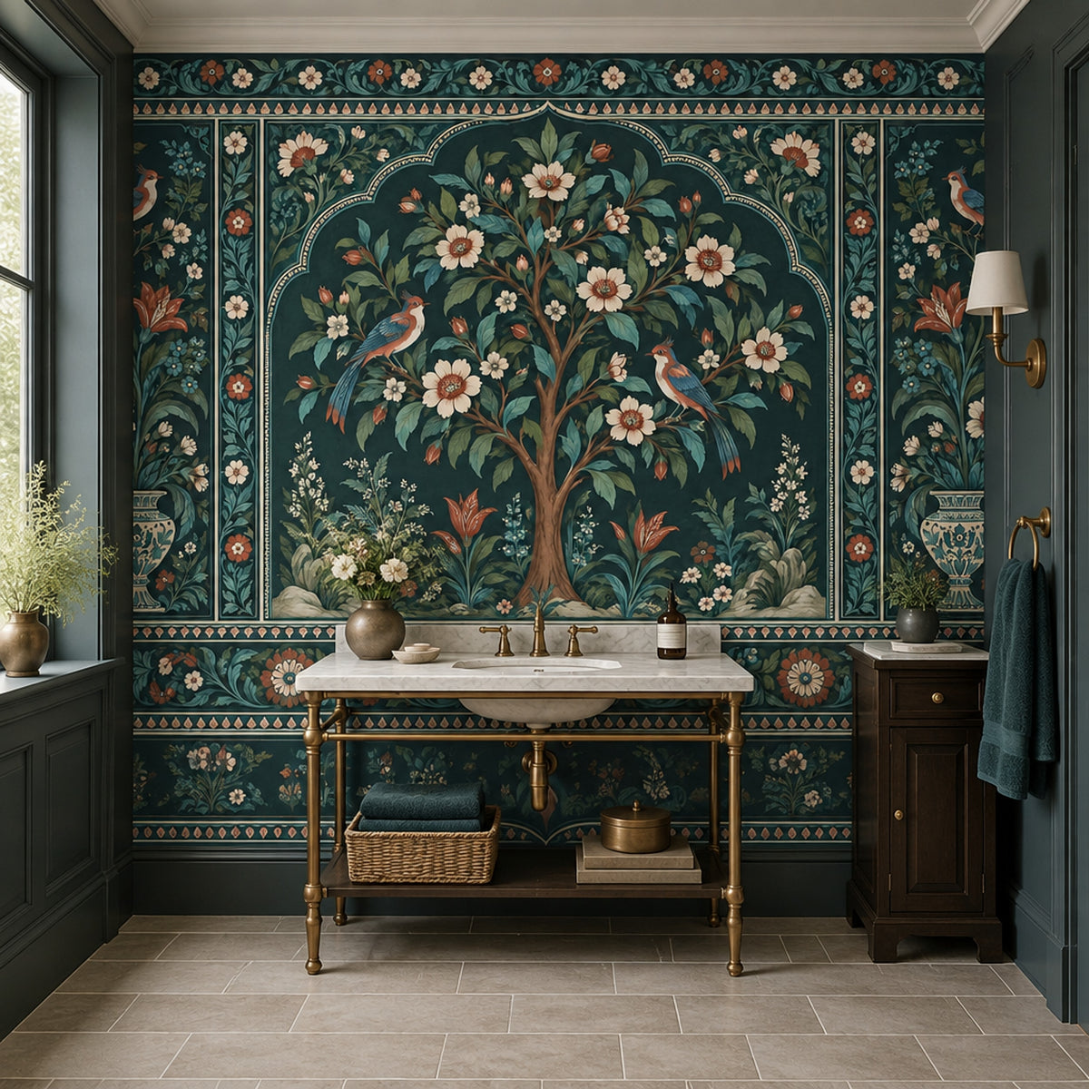 Flowering Tree With Birds Wallpaper Dark Teal Chinoiserie Wall Mural