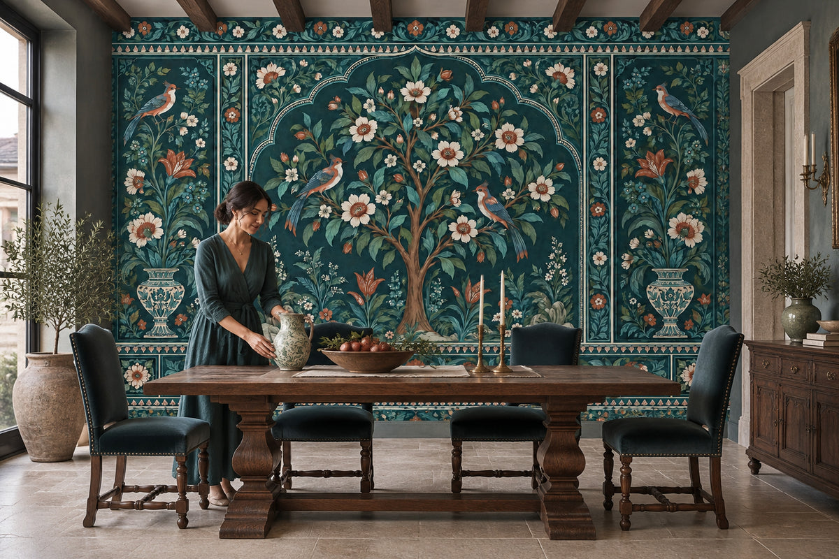 Flowering Tree With Birds Wallpaper Dark Teal Chinoiserie Wall Mural