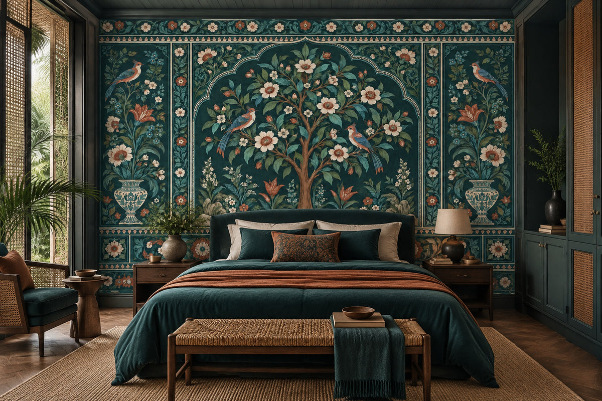Flowering Tree With Birds Wallpaper Dark Teal Chinoiserie Wall Mural