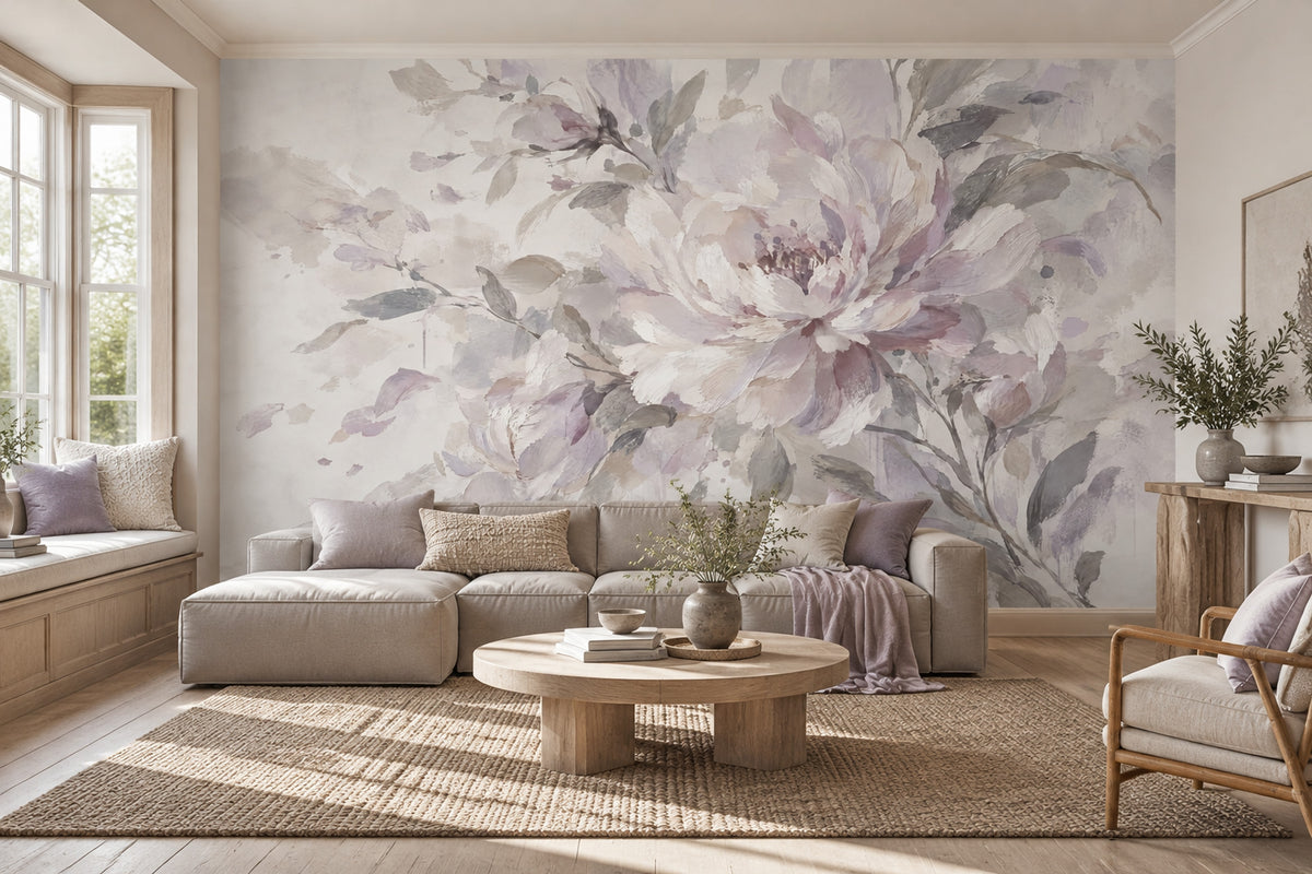 Watercolor Peony Blossoms Wallpaper Soft Lavender Wall Mural