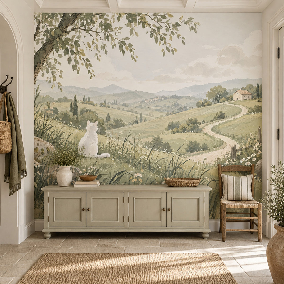 White Cat Meadow Landscape Wallpaper Muted Green Hills Wall Mural