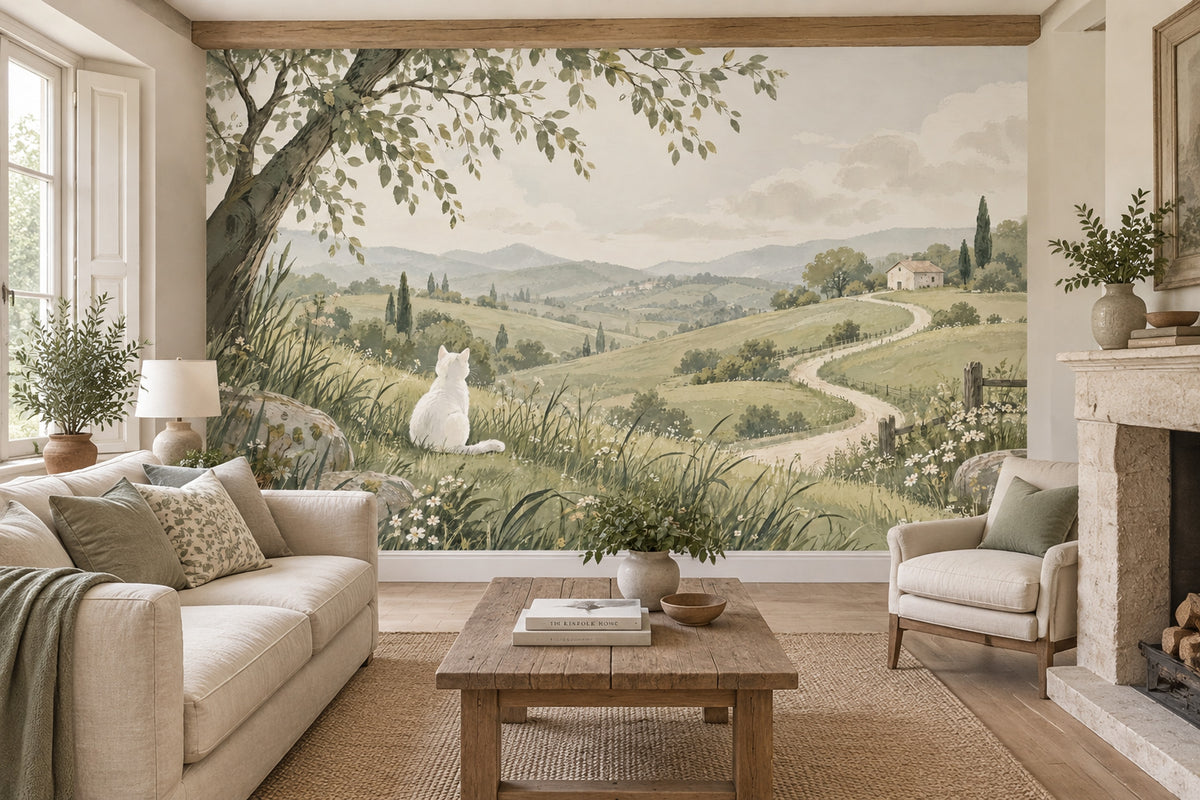 White Cat Meadow Landscape Wallpaper Muted Green Hills Wall Mural