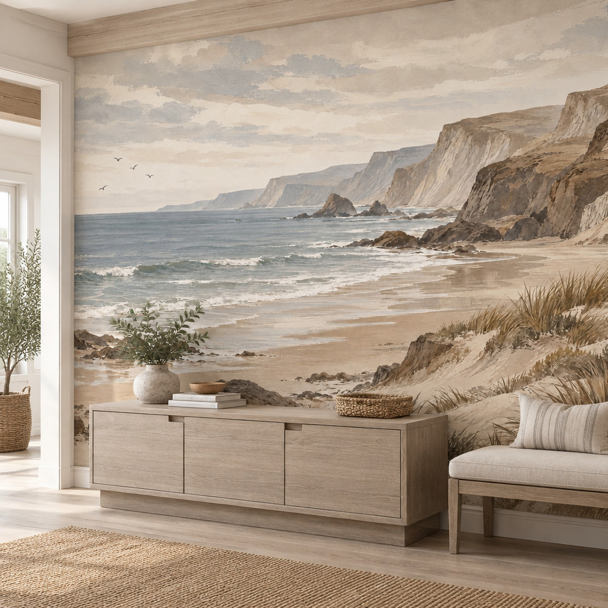 Watercolor Coastal Cliffs Wallpaper Neutral Seaside Wall Mural